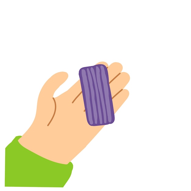 Flat vector illustration isolated on white background The hand holds a piece of purple plasticine