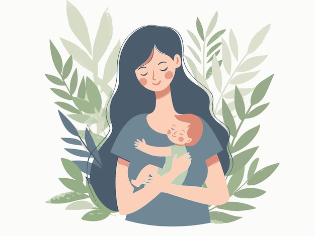 Vector a flat vector illustration of a longhaired woman in holding her baby white background