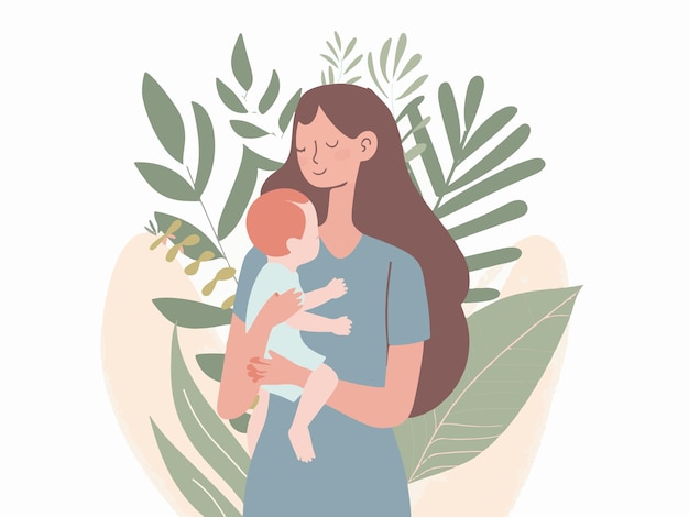 Vector a flat vector illustration of a longhaired woman in holding her baby white background