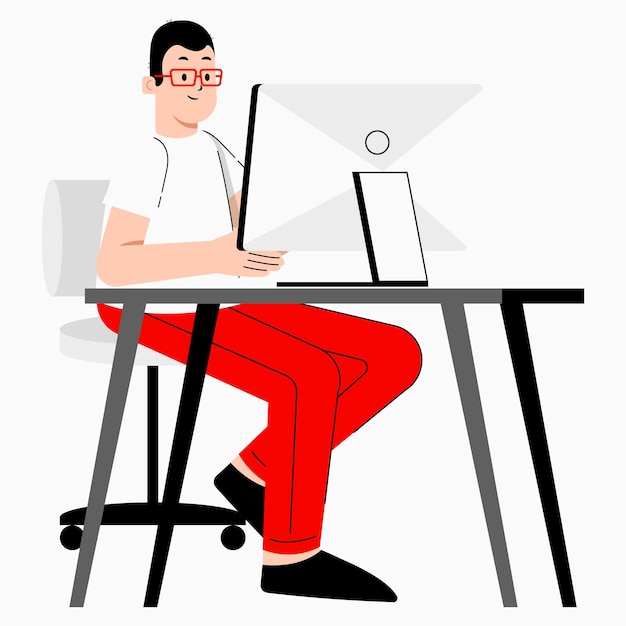 Flat vector Illustration of a male doing research and study infront of his computer on a table