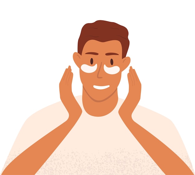 Flat vector illustration of a man with patches under his eyes Skin care procedure Morning routine