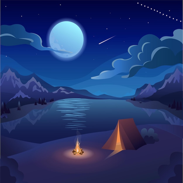 flat vector illustration of night rest camping night sky moon moonlight on water mountain lake