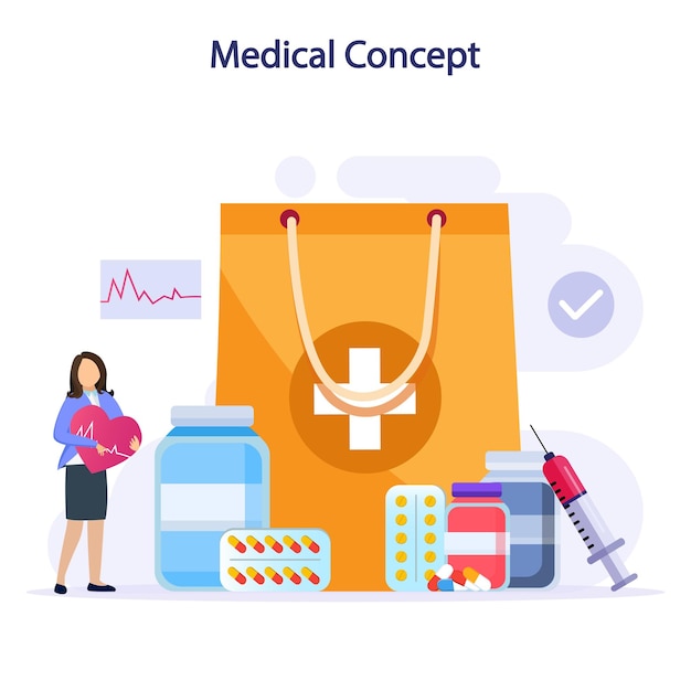 Flat vector illustration pharmacy and medical concept aid healthcare drugstore medicine