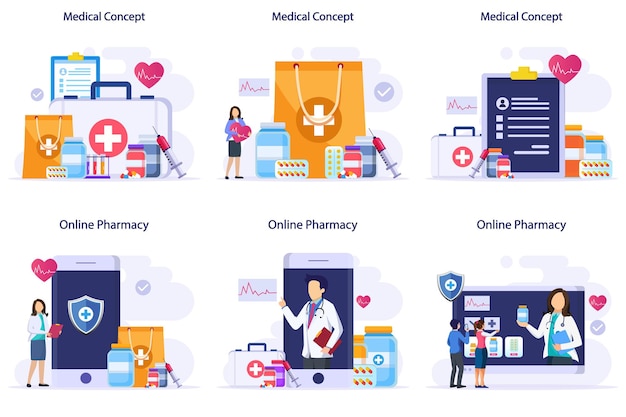 Flat vector illustration pharmacy and medical concept aid healthcare drugstore medicine