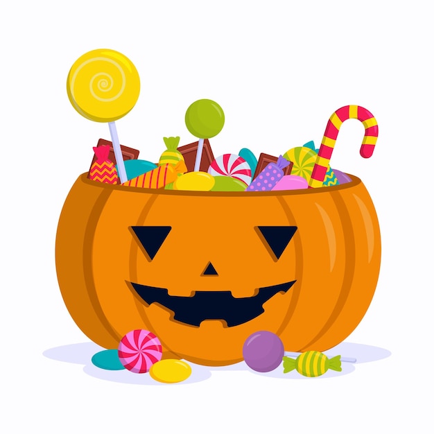 Flat vector illustration pumpkin with sweets lollipops and chocolates Happy Halloween