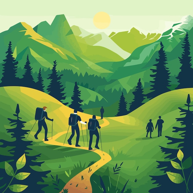 flat vector illustration of a serene National Hiking Day with hikers exploring scenic trails