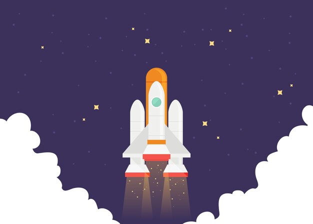 Flat vector illustration of a spaceship launch isolated on space background