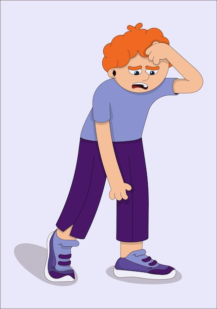 A flat vector illustration of a walking boy puzzled by his thoughts and situation