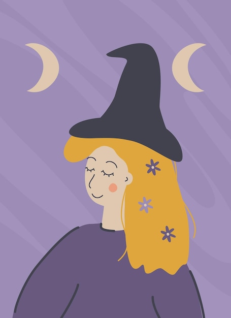 Vector flat vector illustration with a cute witch