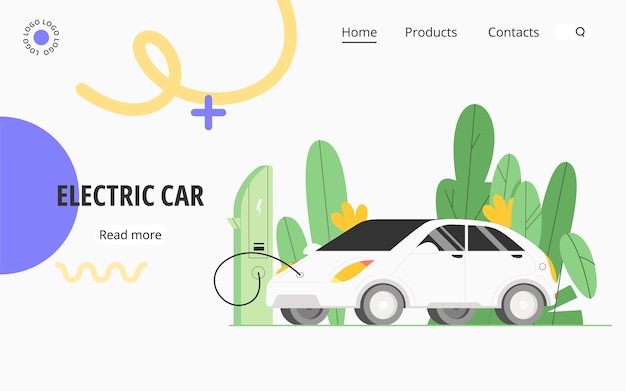 Vector flat vector illustration with electric car it charging a battery an electric recharge station