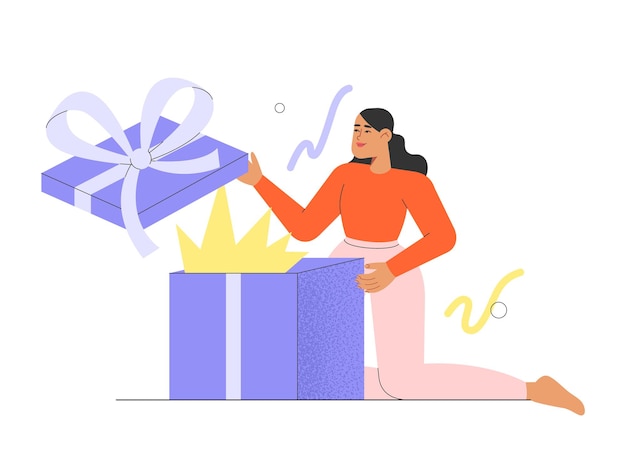 Flat vector illustration with female character opening a holiday surprise gift