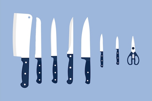 Flat vector knife collection with white and blue color. Chef knife, kitchen scissor, kitchen utensil. Meat cutting dagger, meat chopper, bread poniard, fish dagger, gourmet scissors, kitchen daggers.