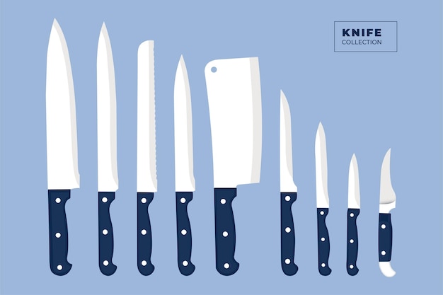 Flat vector knife collection with white and blue colour Chef knife and butcher knife kitchen