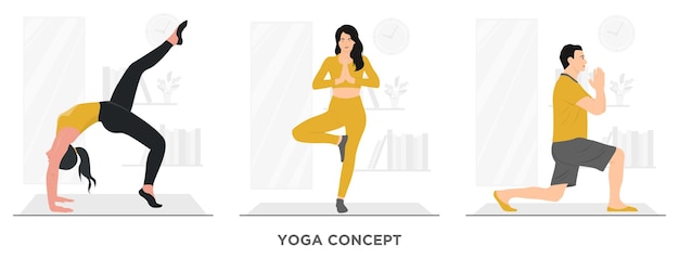 Vector flat vector men and women doing yoga concept illustration