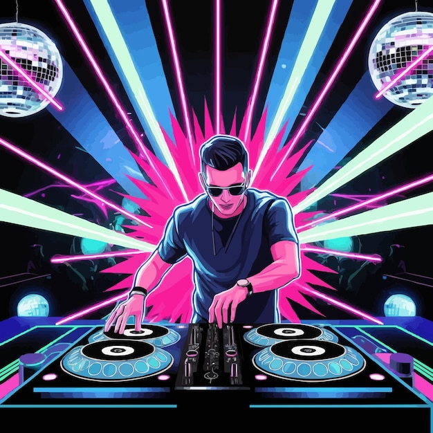 Vector flat vector modern cool electronic music album cover dj turn table lasers club party