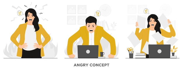 Flat vector people angry screaming stressed work mad concept illustration