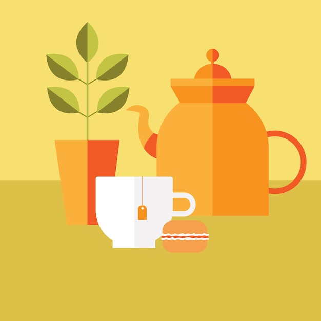 Flat vector picture with tea and macaroon