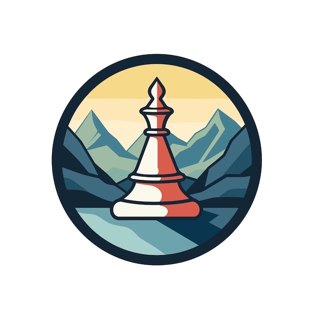 Flat vector of a red and white chess piece against a backdrop of majestic mountains