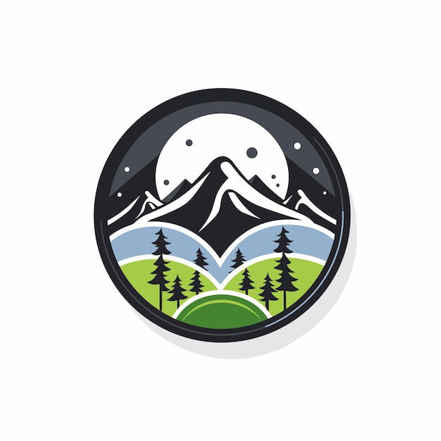 Flat vector of a serene mountain landscape with a full moon shining above the trees