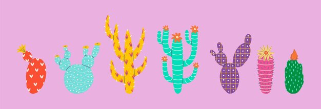 Flat vector set of abstract decorative cacti with a pattern. Cartoon style.