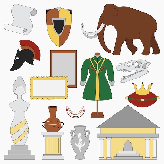 Flat vector set of museum exhibits. Isolated objects. Flat design.