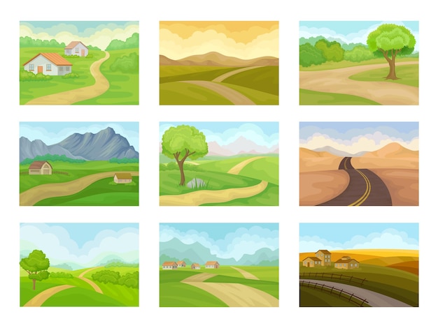 Flat vector set of natural landscapes with road green meadows houses and mountains outdoor scenery