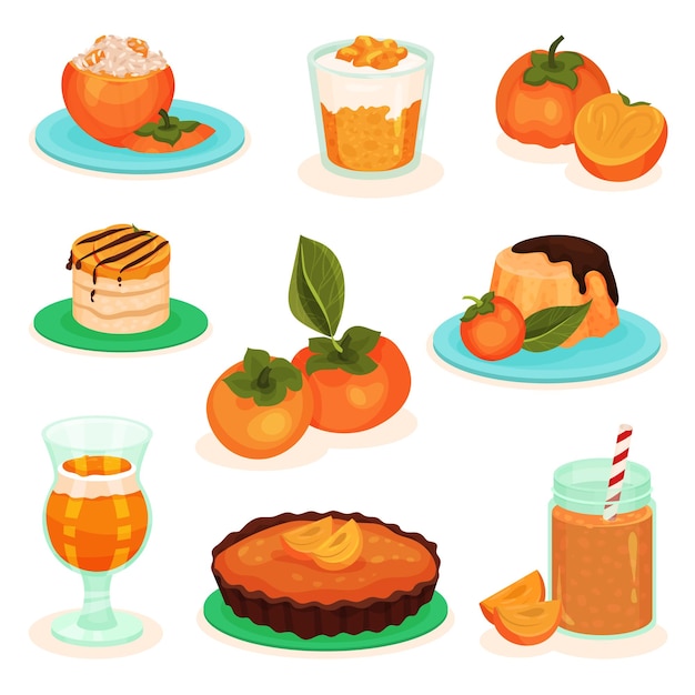 Vector flat vector set of persimmon drinks and food tasty fruit desserts cheesecake cake pudding and