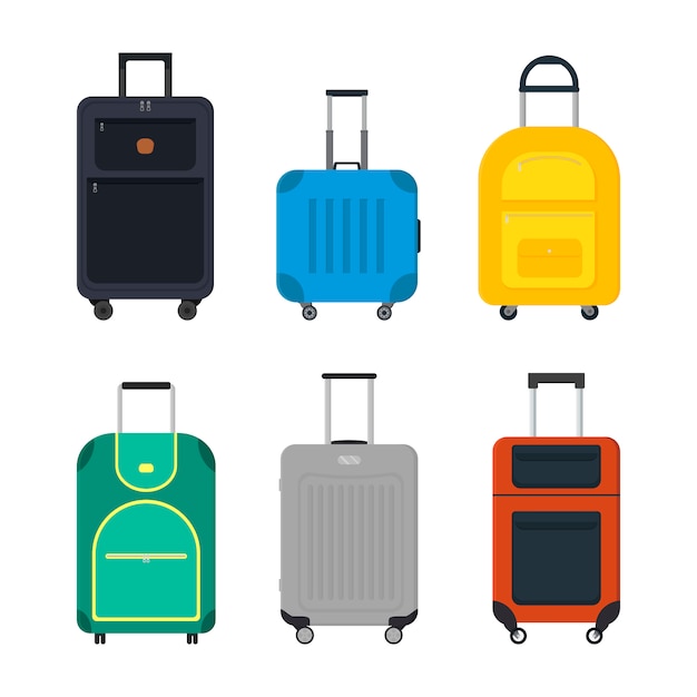 Flat vector set of travel suitcase on wheels. 