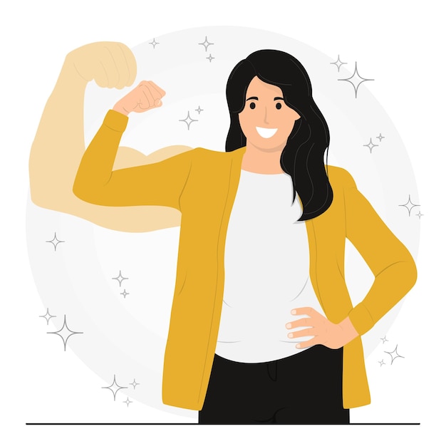 Vector flat vector strong powerful woman raises arms and shows biceps