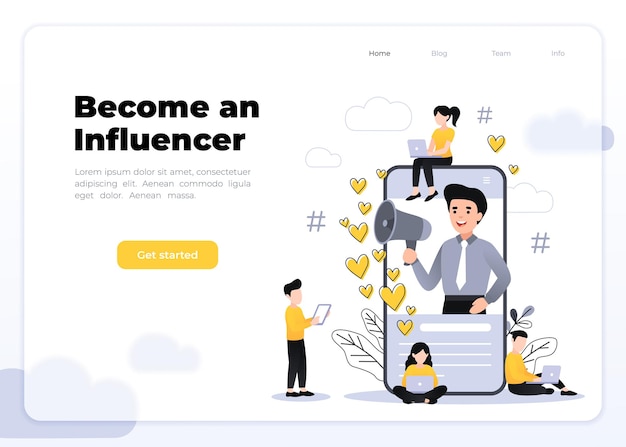 Flat vector style illustration with characters - influencer marketing concept - blogger promotion services, goods for followers online. Social media influencer shouting in megaphone from smartphone.