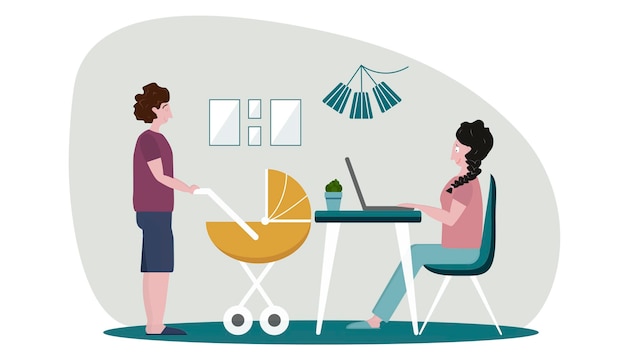 Flat vector of a working mother at home office while partner cares for baby Isolated