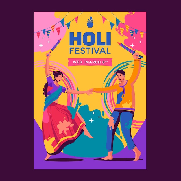 Vector flat vertical poster template for holi festival celebration