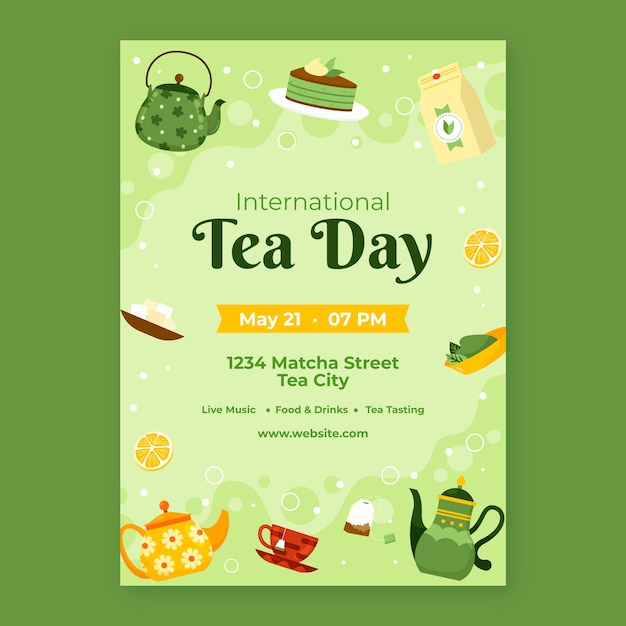 Flat vertical poster template for international tea day awareness