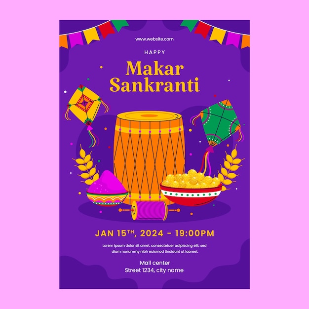 Flat vertical poster template for makar sankranti festival celebration