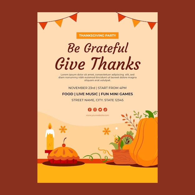 Flat vertical poster template for thanksgiving with pumpkin and pie