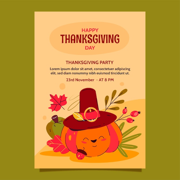 Flat vertical poster template for thanksgiving with pumpkin wearing buckle hat