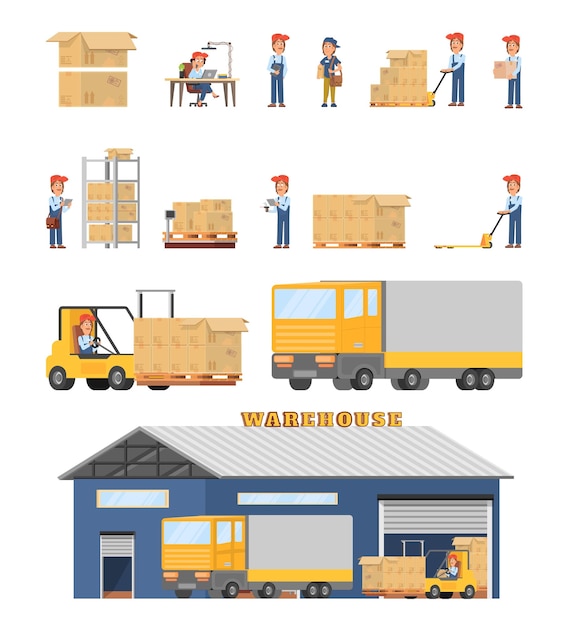 Flat warehouse Logistics operator wholesale and business storage Factories pallets rack transporting service Industrial cargo delivery decent vector set