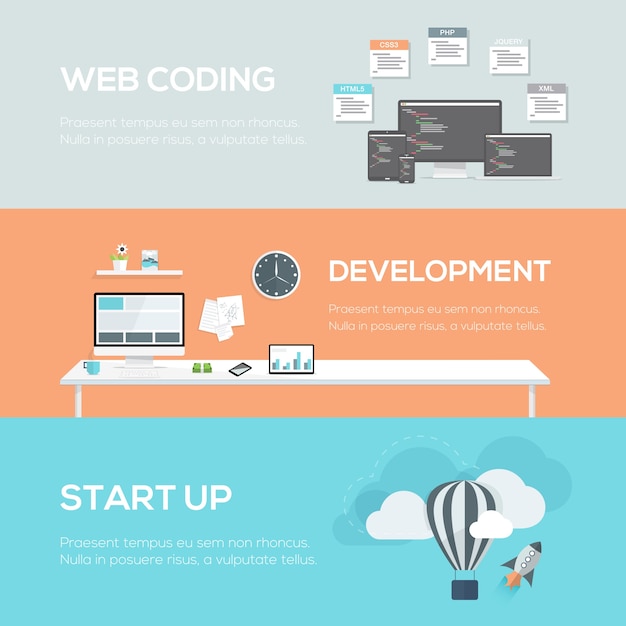 Flat web design concepts. Web coding, development and startup.