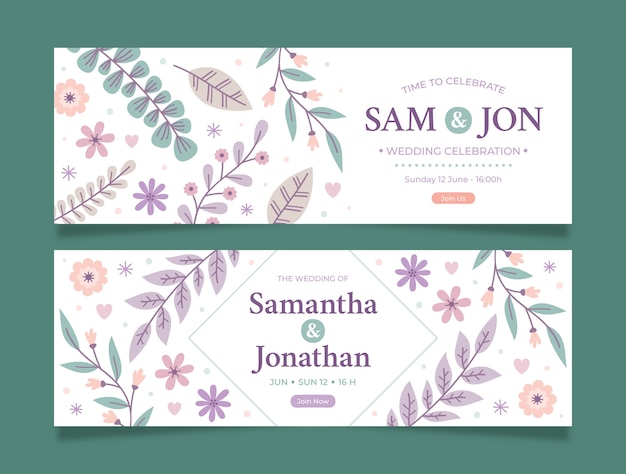 Flat wedding horizontal banners set with leaves