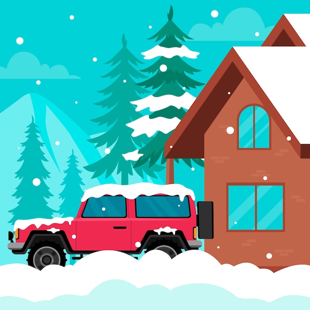 Flat winter snow car illustration