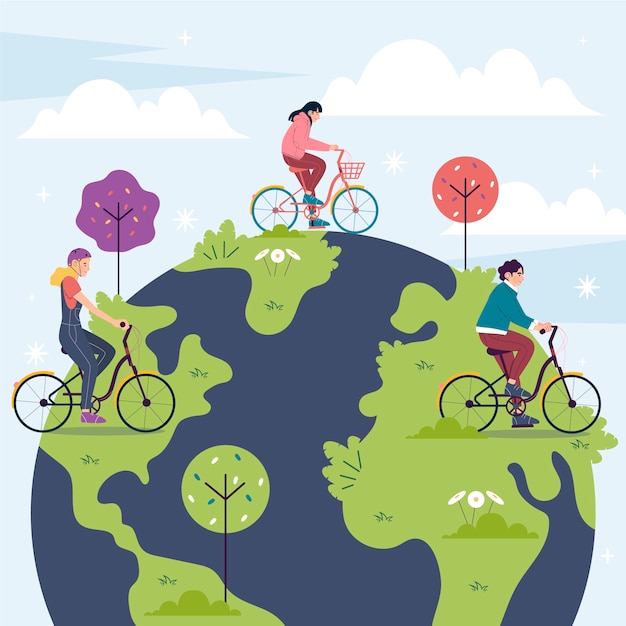 Flat world bicycle day illustration