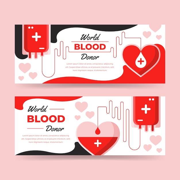 Flat world blood donor day horizontal banners set