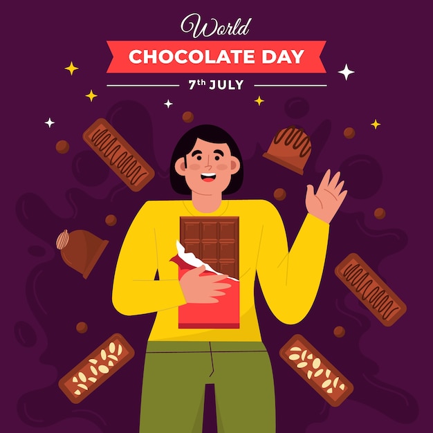 Flat world chocolate day illustration with woman holding chocolate bar