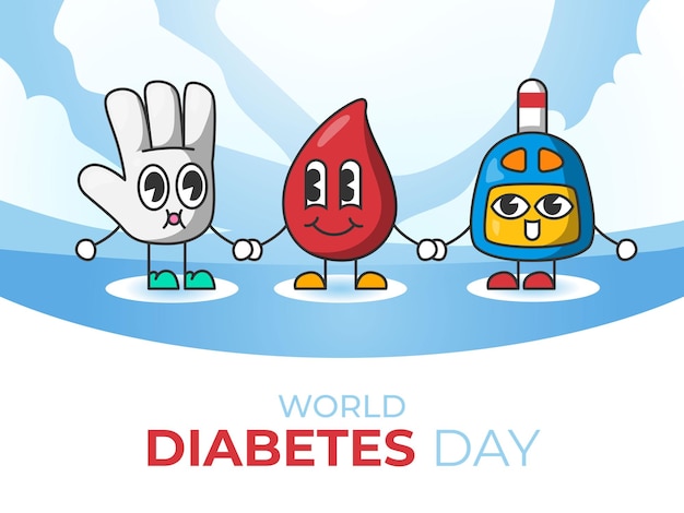 Flat World Diabetes Day glucometer drop of blood and hands