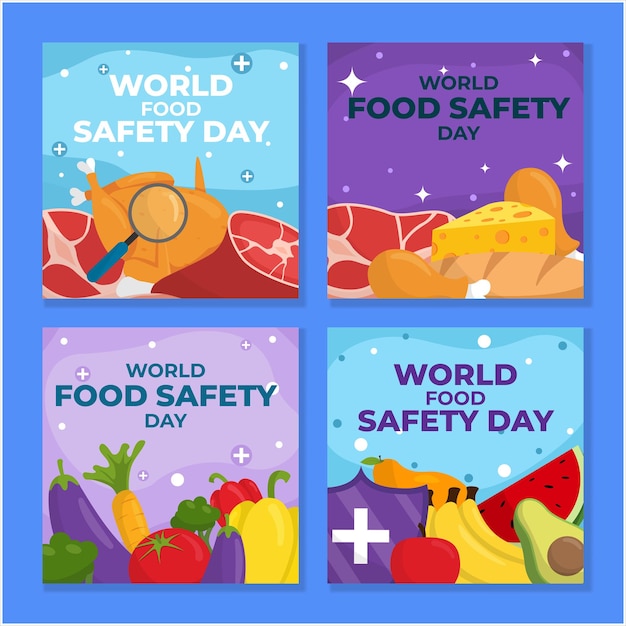 Flat world food safety cards designs set for social posts and stories vector