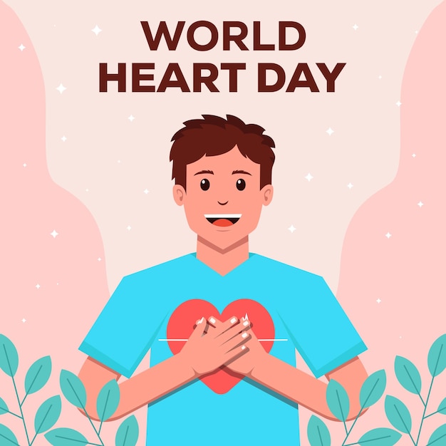 flat World Heart Day illustration with a man holding a heart