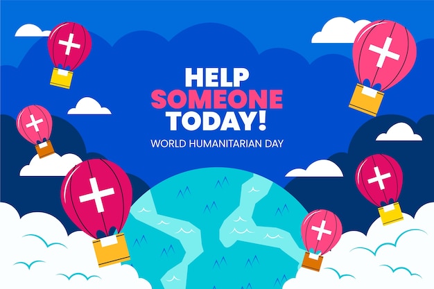 Flat world humanitarian day background with boxes parachuting