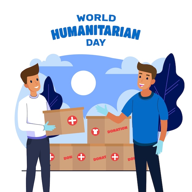 Flat world humanitarian day illustration with people and donation boxes