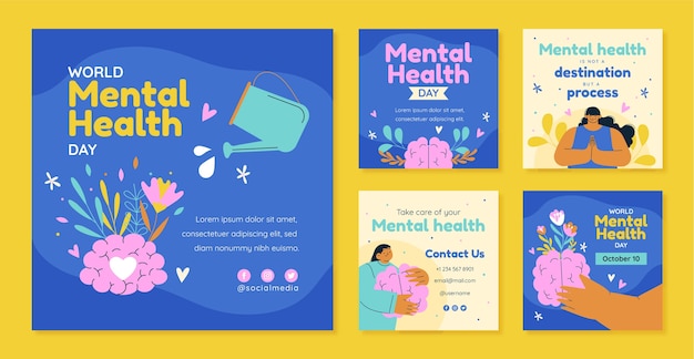 Flat  world mental health day instagram posts collection