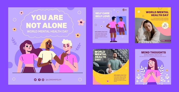 Flat world mental health day instagram posts collection